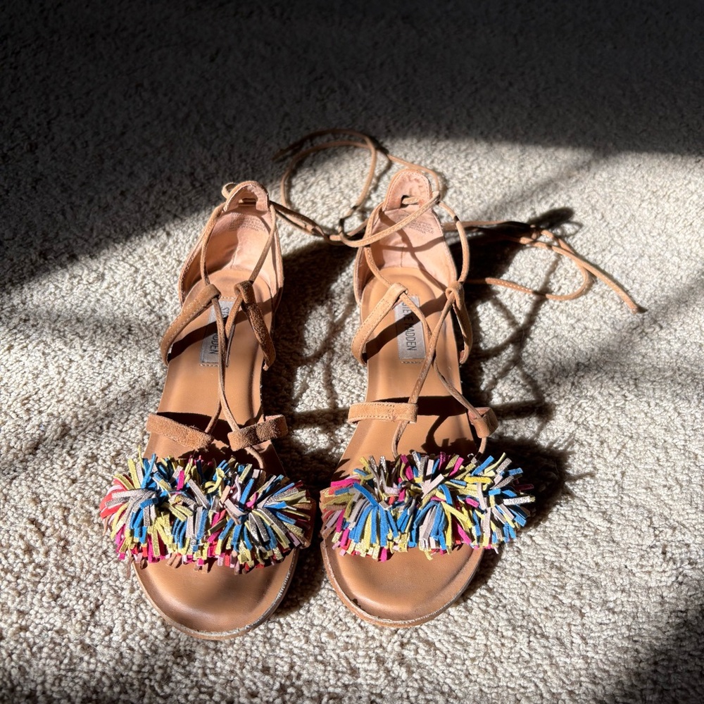 Steve Madden Tan Suede Multicolor Fringe Sandals